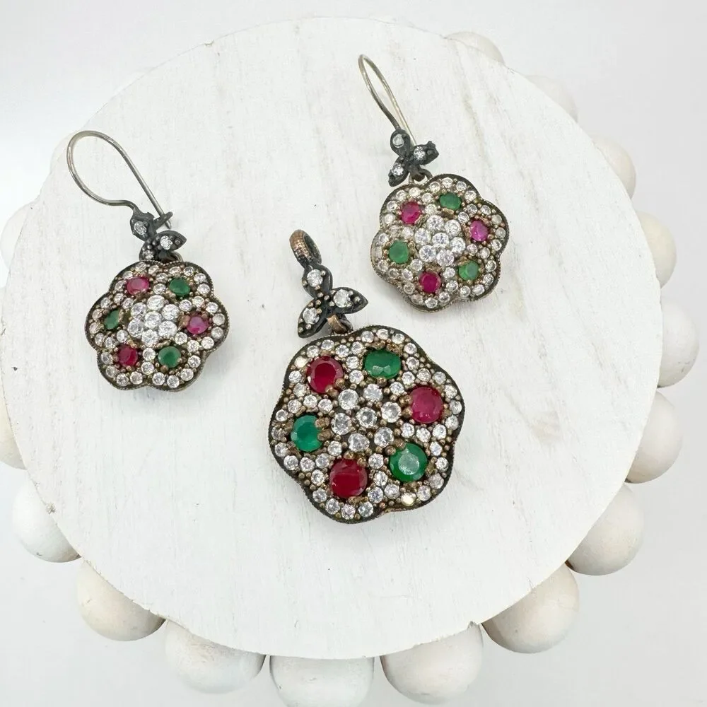 Ruby And Emerald Sterling Silver And Brass Turkish Flower Earrings And Pendant